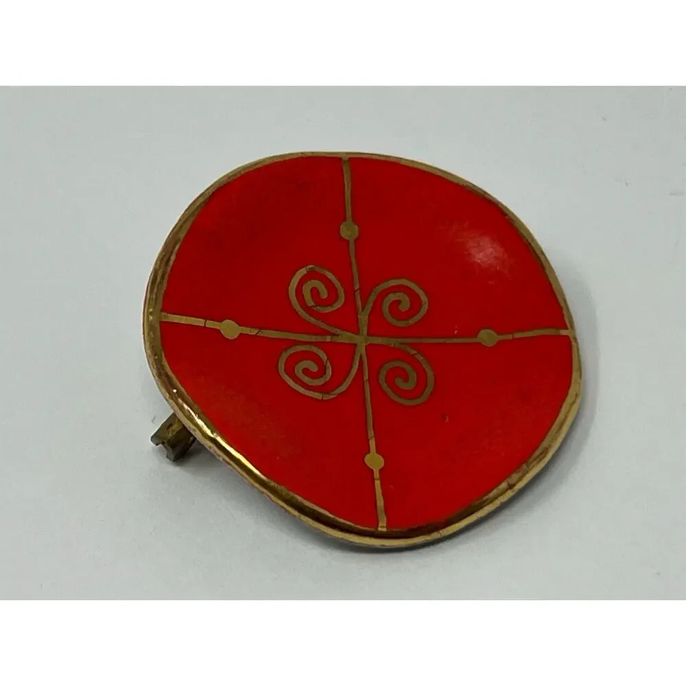 Vintage Milvern Co. Brooch – Hand-Painted Red & Gold Scroll Design, Mid-Century